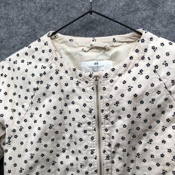H&M Girls 6X/7 Cotton Linen Bomber Jacket Ivory Floral Zip Lightweight Lined - Picture 6 of 9